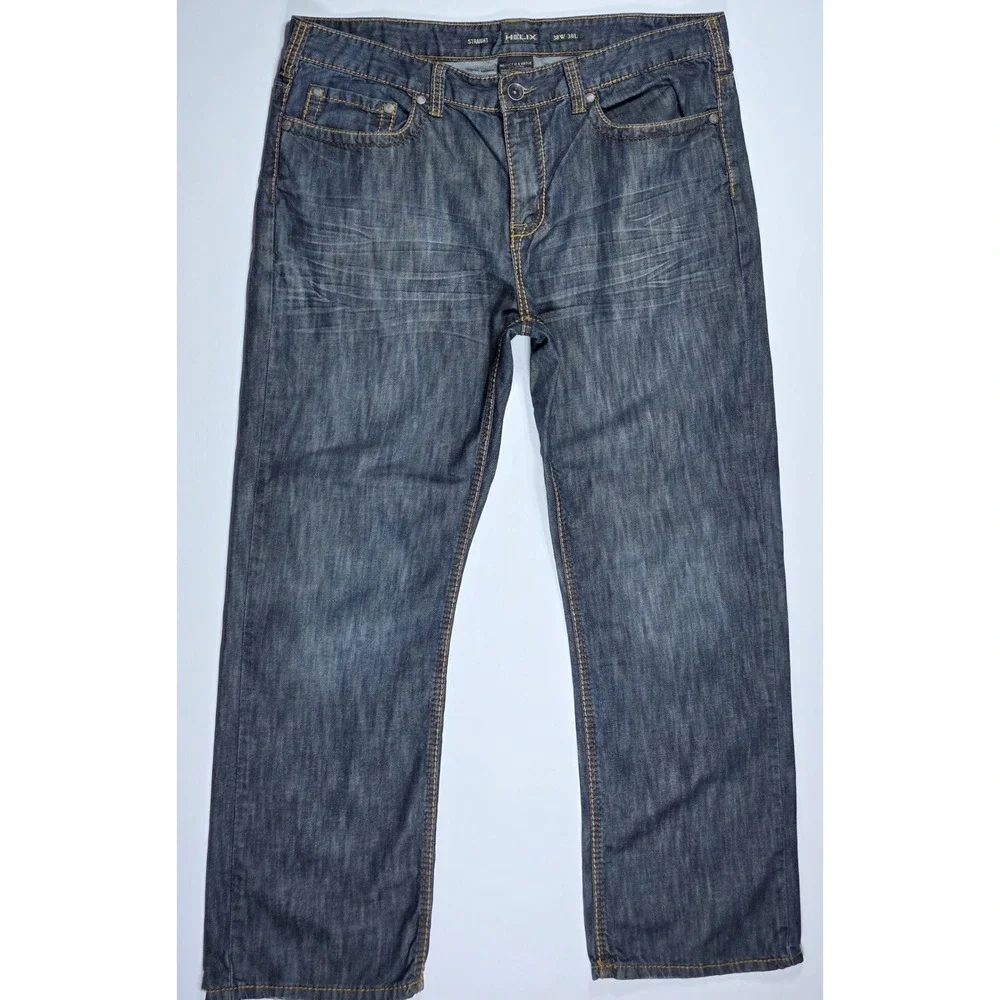 Helix Mens Straight Leg Dark Wash Distressed Back Pocket Jeans 38W 30L